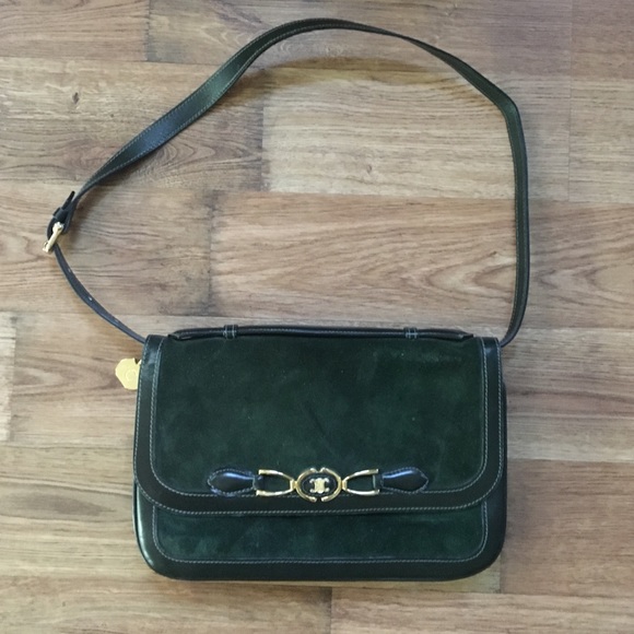 CELINE vintage hunter green suede purse