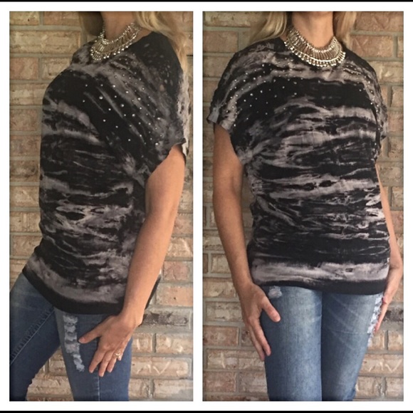Hot Momma Crochet Shoulder Tie Dye Grey Top S M - Picture 3 of 4