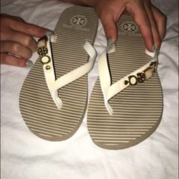Tory Burch Beige and white stripe flip flops!