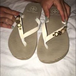 Tory Burch Beige and white stripe flip flops!
