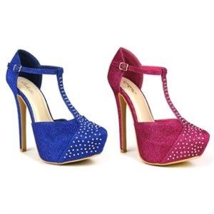 Celeste T strap high heels in pink or blue