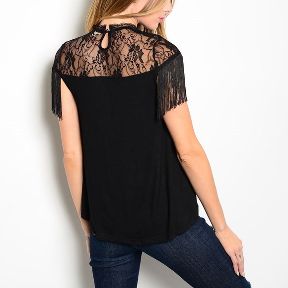 Black Sheer Lace Rayon Fringe Gatsby Dressy Blouse Top - Picture 2 of 4