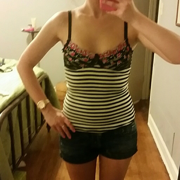 FP Striped Tank Top with Floral Lace Bust Overlay