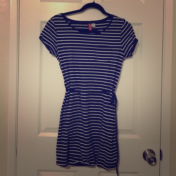 Striped dress (navy blue, gray and white)