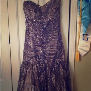 Strapless silver prom dress