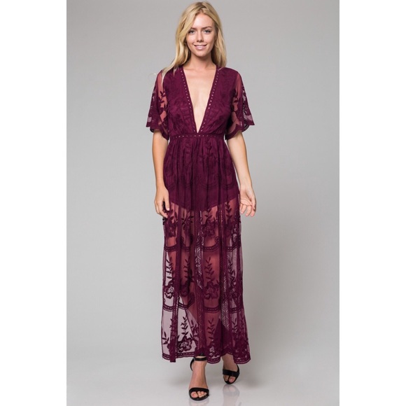 Honey Punch Dresses & Skirts - Chloe Lace Embroidered Dress Burgundy 😍