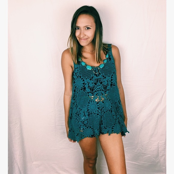 Turquoise Lace Tank Top with Embellishments