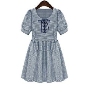 Cute dress Sweet Lace-Up Trim Short Sleeve Mini Checked Dress