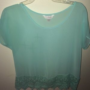 sheer turquoise short sleeve blouse