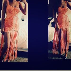 Coral Fringe bandage dress inspired by Herve leger
