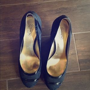 Black Coach wedge shoe iconic logo print