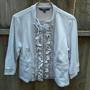 100% cotton, ruffle front jacket