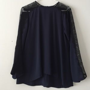 ZARA Long-Sleeve, Crew Neck Blouse w/Lace Detail