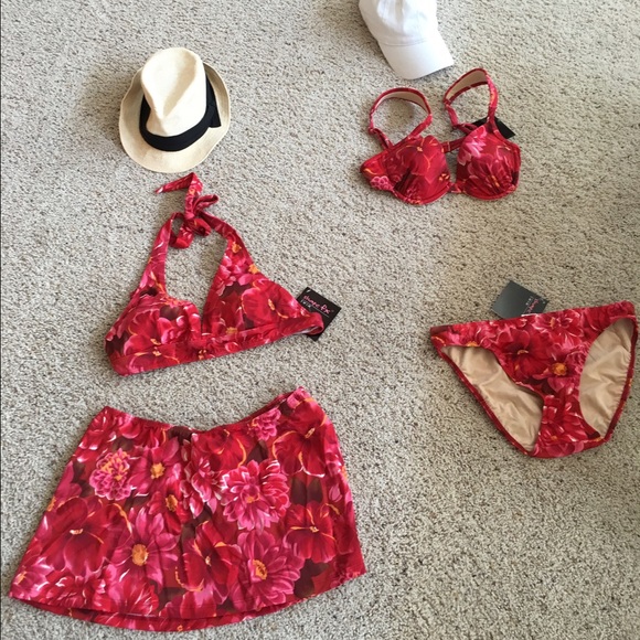 Newport News Red/Pink Floral Swim Bikini Set Sz 10