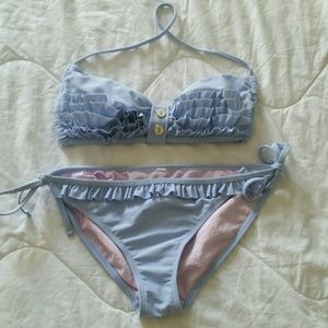 Periwinkle purple blue ruffle button bikini halter