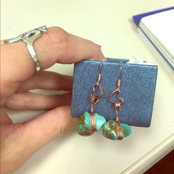 SOLD Hand-made copper+genuine turquoise earrings.