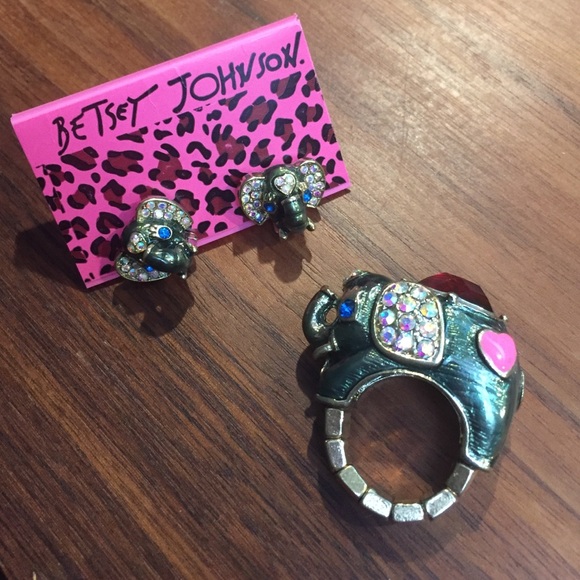 Betsey Johnson elephant earrings and ring