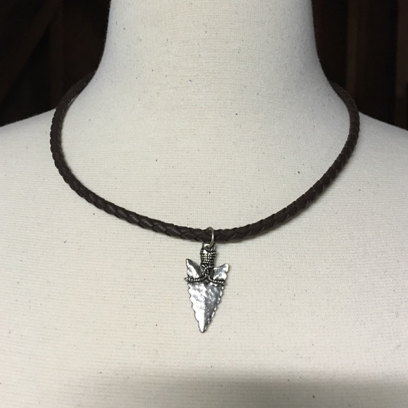 Brown braided leather bolo arrowhead necklace