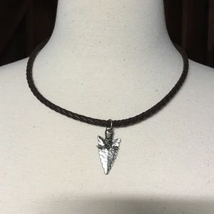 Brown braided leather bolo arrowhead necklace