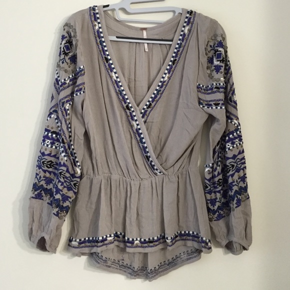 Free People Long Sleeve Embroidered Top