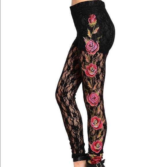 Pants - Black Gypsy Sheer Pink Rose Lace Footless Leggings