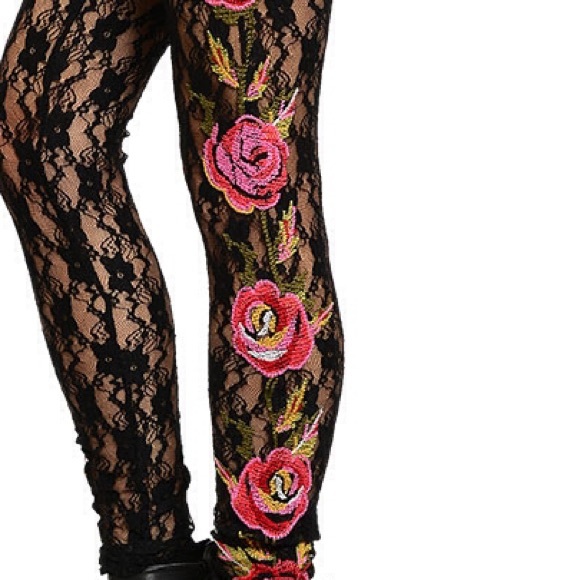 Black Gypsy Sheer Pink Rose Lace Footless Leggings - Picture 2 of 4