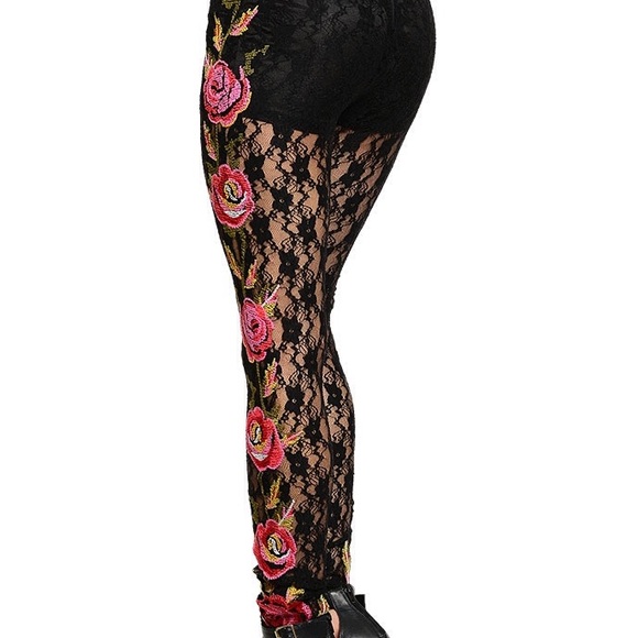 Black Gypsy Sheer Pink Rose Lace Footless Leggings - Picture 3 of 4