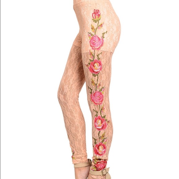 Black Gypsy Sheer Pink Rose Lace Footless Leggings - Picture 4 of 4