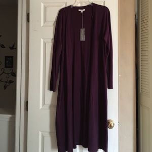 Long eggplant cardigan sweater.