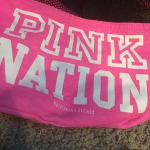 PINK drawstring mesh backpack.