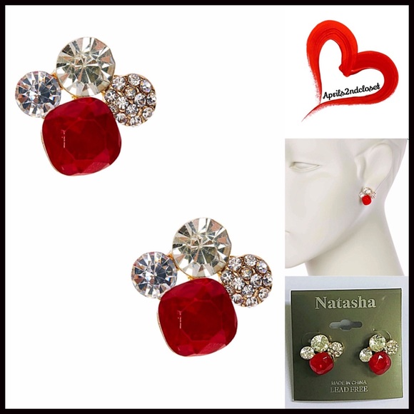 ❌SOLD❌PAVE CRYSTAL RUBY RED CLUSTER STUD EARRINGS - Picture 5 of 6