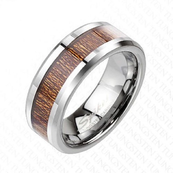 Silver tungsten ring with center wood inlay - Picture 2 of 4