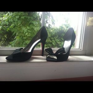 P Hilton black satin stilettos