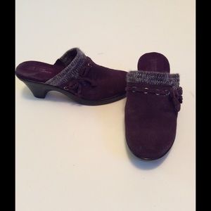 Suede mules with knit trim.