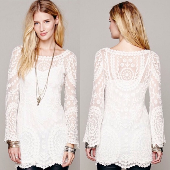 ❣BLUE ONLY❣ Sexy Lace Crochet Sheer Tunic Dress - Picture 2 of 4