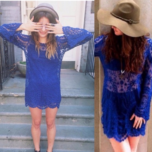 ❣BLUE ONLY❣ Sexy Lace Crochet Sheer Tunic Dress - Picture 4 of 4