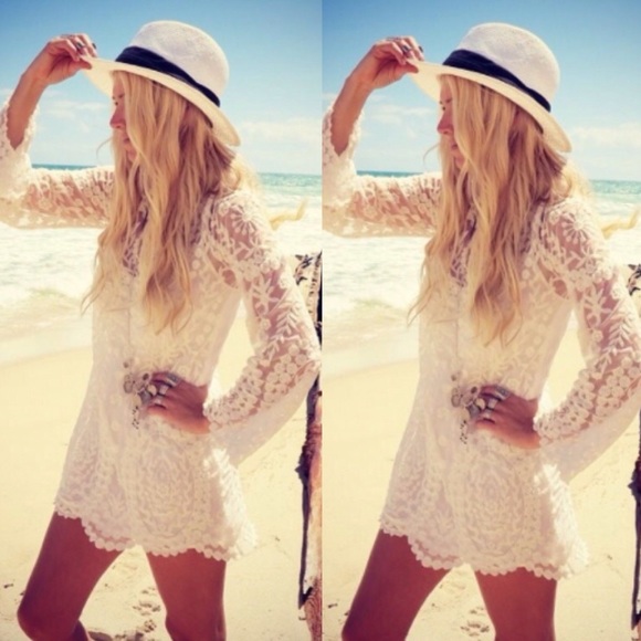 ❣cream•blue❣ Lace Crochet Tunic Dress Sheer Chic - Picture 3 of 4