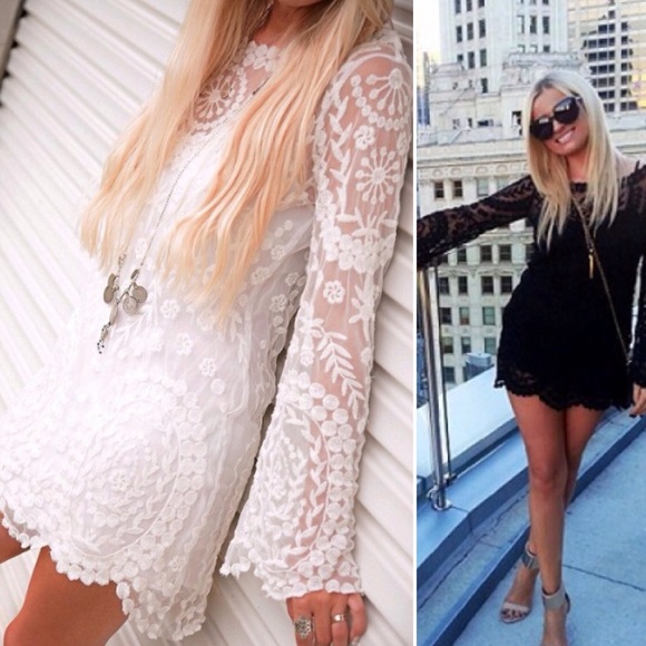 ❣cream•blue❣ Lace Crochet Tunic Dress Sheer Chic - Picture 4 of 4