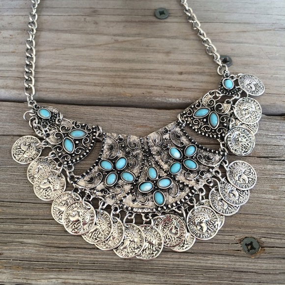 Jewelry - NWT Turquoise & Silver Coin Bib Necklace