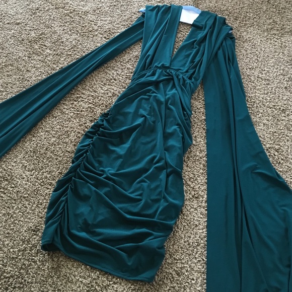 Emerald colored multi-way dress with rouching.