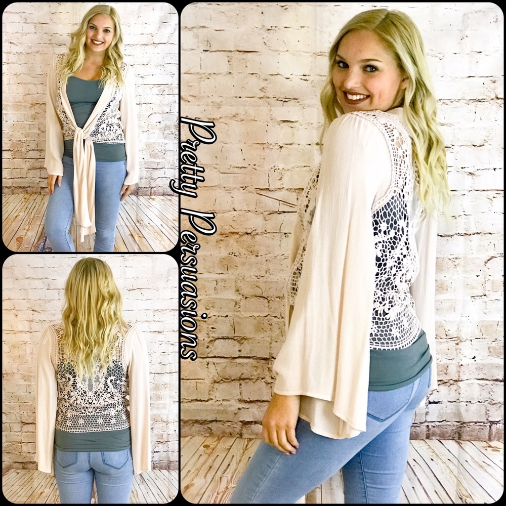 SOLD OUT💕Crochet Bell Sleeve Tie Front Cardigan - Picture 2 of 5