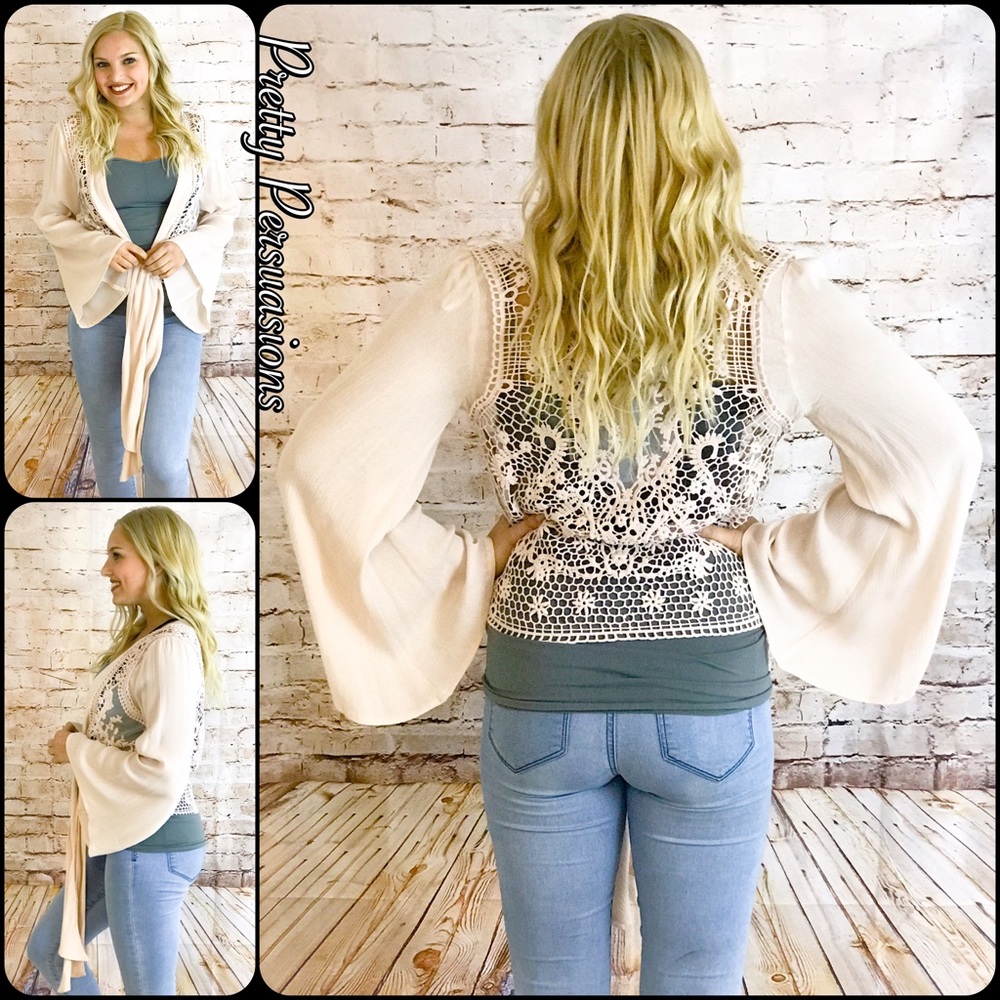 SOLD OUT💕Crochet Bell Sleeve Tie Front Cardigan - Picture 3 of 5