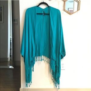 Teal blue fringe kimono by Tart