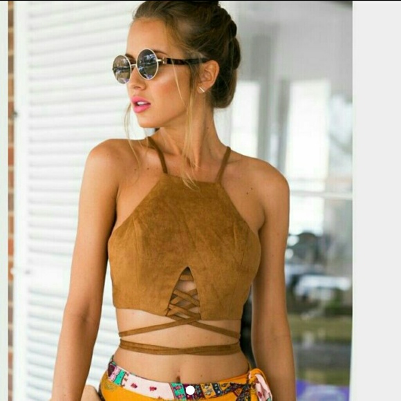 Coffee color crop top with Tie Waist Medium