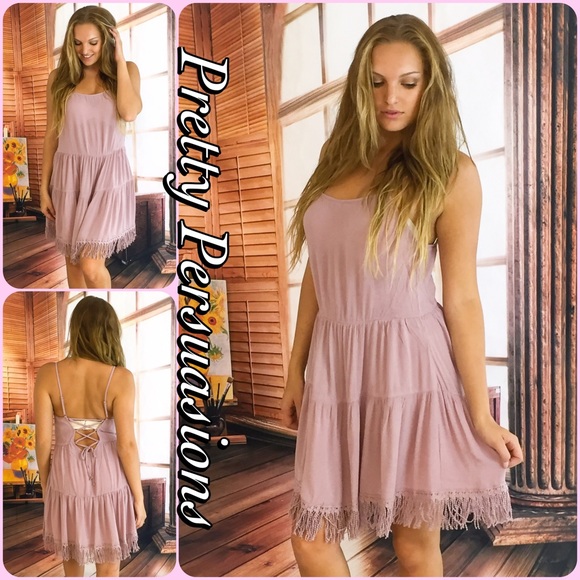 CLEARANCE‼️Mauve Fringe Hem Lace Up Slip Dress - Picture 3 of 4