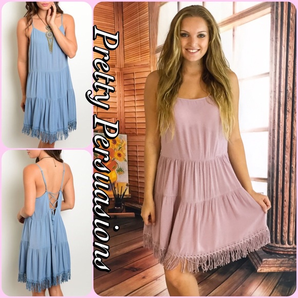 CLEARANCE‼️Mauve Fringe Hem Lace Up Slip Dress - Picture 4 of 4