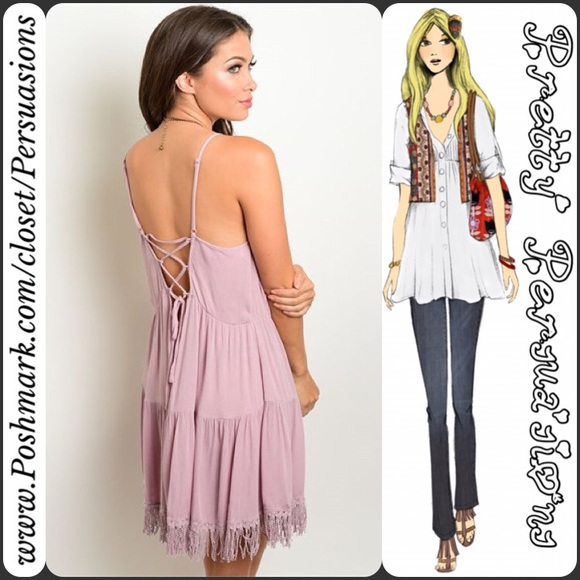 CLEARANCE‼️Tiered Hem Fringe Hem Lace Up Dress - Picture 3 of 4