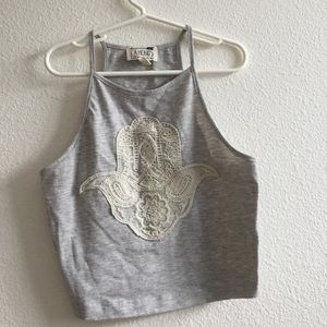 grey cropped top with crochet detailing