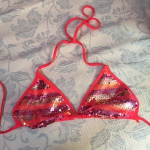 California Waves coral sequin bikini top LG