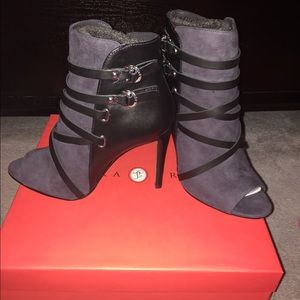 Suede peep toe Ivanka Trump heels.